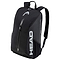 The HEAD Tour Badminton Backpack in black and white showcases a stylish design. It includes a main zippered compartment, a front zipper pocket, side pockets, and a special compartment for rackets. The HEAD logo is prominently displayed in white on the front. For added comfort, it features padded adjustable shoulder straps.