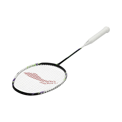 A Li-Ning Halbertec Motor 4U Badminton Racket - White, featuring a white grip handle and a stringed head with a bold red logo, is angled slightly to highlight its slim, lightweight design for peak badminton performance.