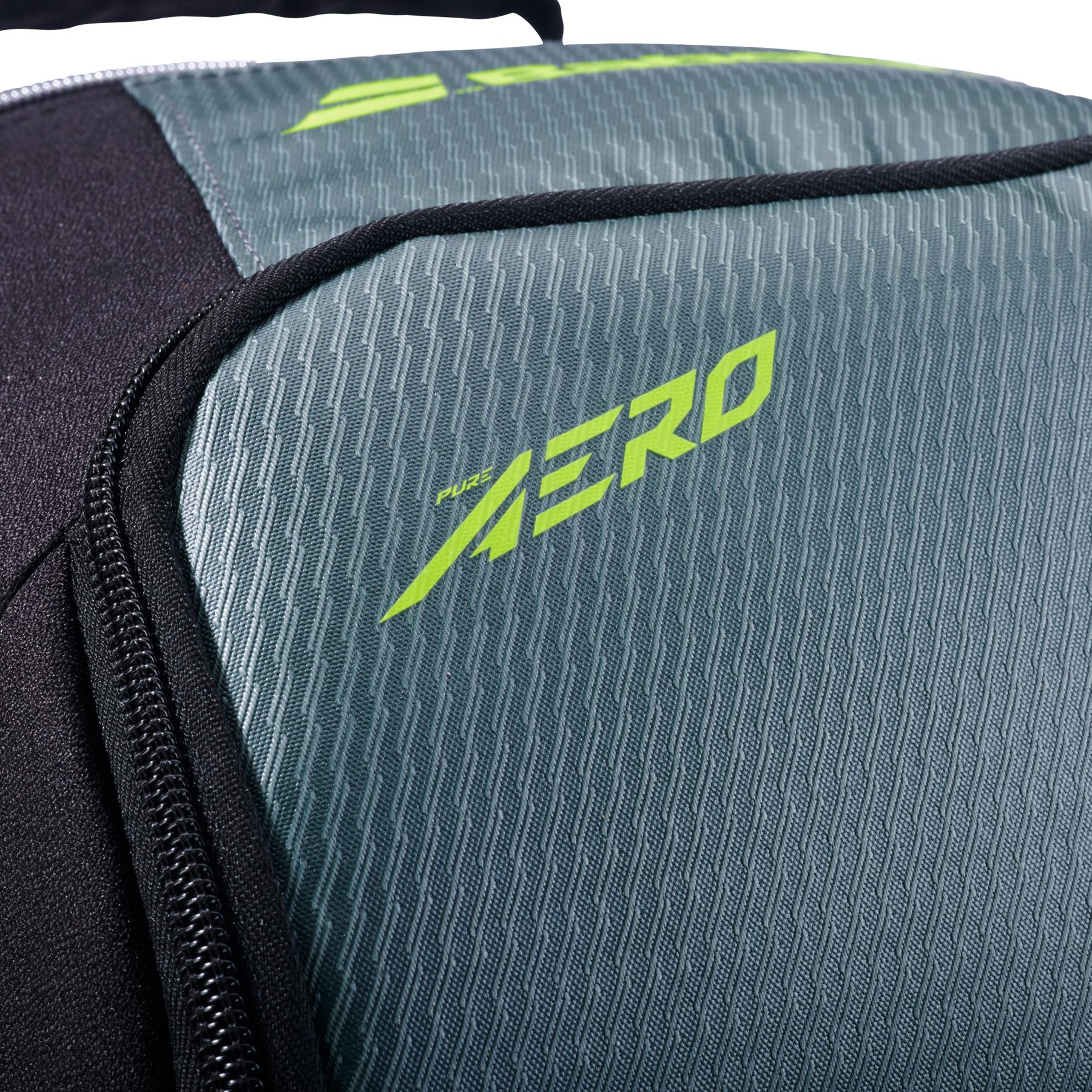 Close-up of the Babolat Pure Aero 2026 Badminton Backpack in grey and yellow, featuring a textured design, "PURE AERO" lettering on the front, and a zipper along the edge of the racket compartment.