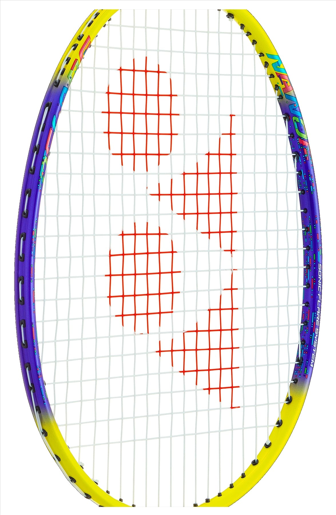 The Yonex Nanoflare 002 Clear 4U badminton racket features a head with ISOMETRIC™ technology, a white string pattern, and red smiley face design. The head-light frame is yellow and purple with colorful text and branding.