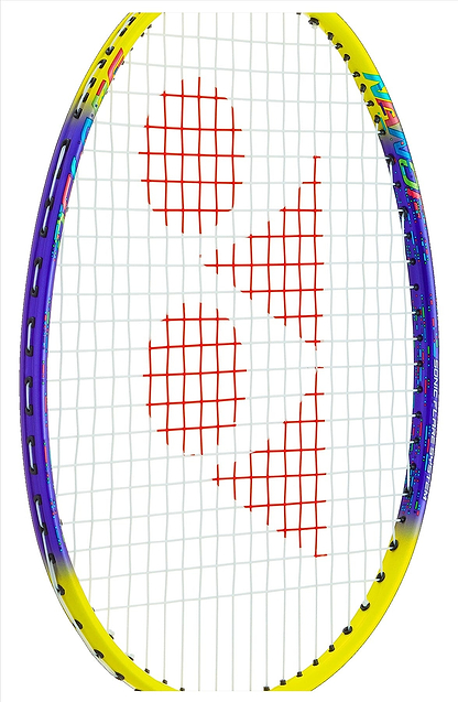 The Yonex Nanoflare 002 Clear 4U badminton racket features a head with ISOMETRIC™ technology, a white string pattern, and red smiley face design. The head-light frame is yellow and purple with colorful text and branding.