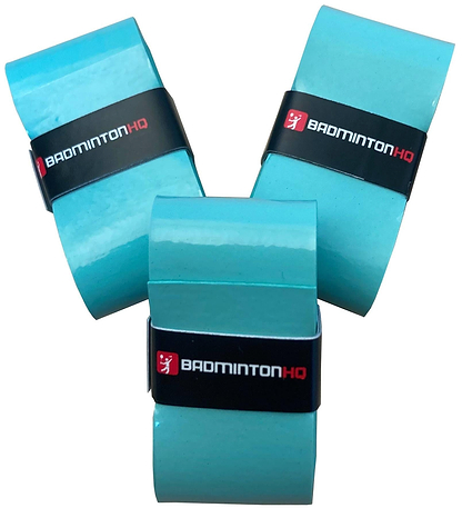 The BadmintonHQ 3 Pack Badminton Overgrips in teal feature sweat-absorption technology and include black "BadmintonHQ" bands (white/red logo), shown in a triangular arrangement against a white background.