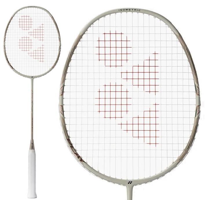 A light beige Yonex Arcsaber 7 Play 4U badminton racket with a red geometric string design and ISOMETRIC frame, shown in full view and with a close-up of the racket head.