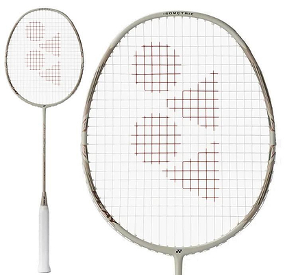 A light beige Yonex Arcsaber 7 Play 4U badminton racket with a red geometric string design and ISOMETRIC frame, shown in full view and with a close-up of the racket head.