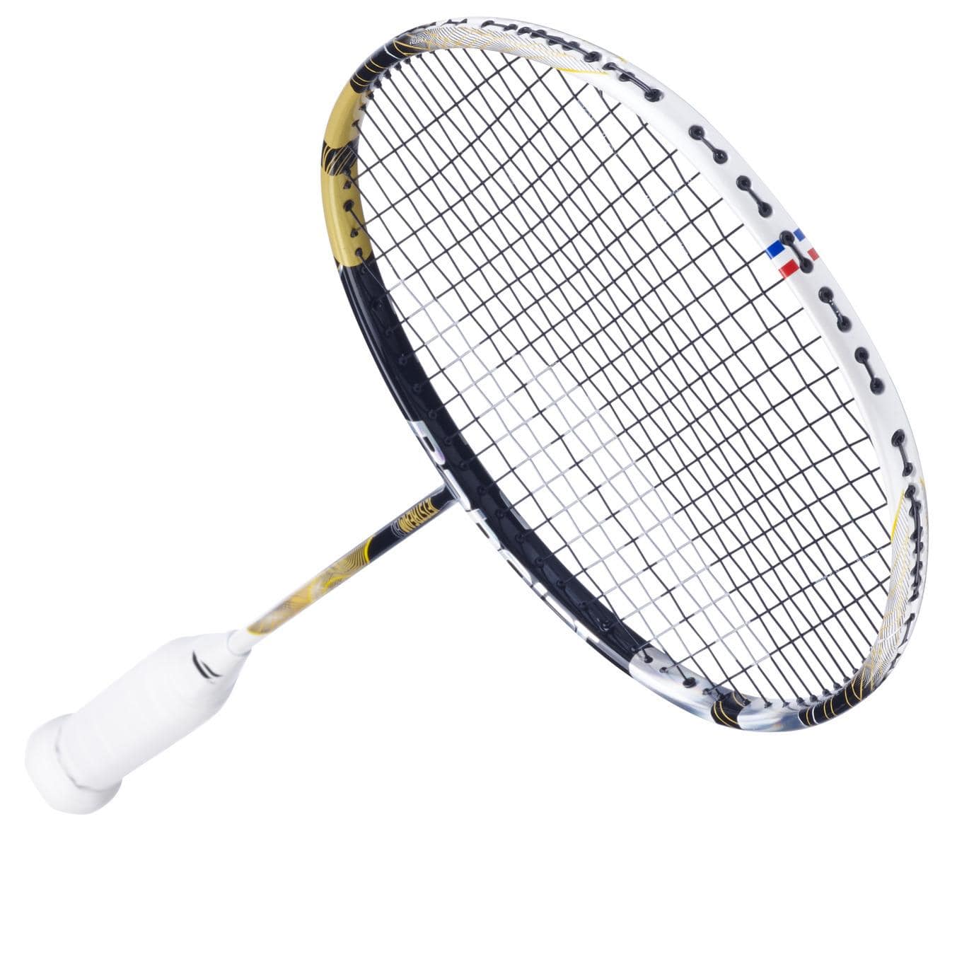 The Babolat Jetstream 80 4U racket features a sleek gold and black shaft with a white grip. A small French flag logo highlights the top edge, while its stringed head ensures superb maneuverability.