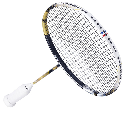 The Babolat Jetstream 80 4U racket features a sleek gold and black shaft with a white grip. A small French flag logo highlights the top edge, while its stringed head ensures superb maneuverability.