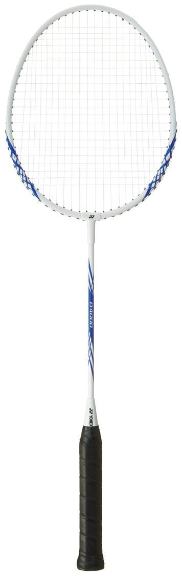 The Yonex B4000 Badminton Racket in white and blue, shown upright with a black grip against a plain background, is ideal for beginners.