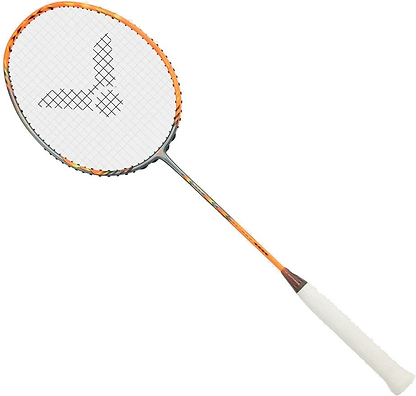 The Victor Thruster Rocket O 4U Badminton Racket by Victor features a silver and orange design with a head heavy balance, making it ideal for delivering powerful smashes and fast-paced gameplay.