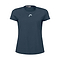 A navy blue women's badminton t-shirt with short sleeves, featuring a small white logo on the chest. Crafted by HEAD sportswear, the design is simple with a lightweight and breathable fabric, utilizing moisture transfer microfiber for optimal comfort during play.