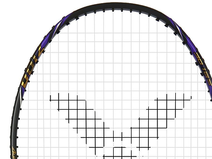 Close-up of the top half of the Victor Auraspeed 7100 4U Badminton Racket by Victor, showing its black and purple frame with white strings arranged in a V-shaped pattern.