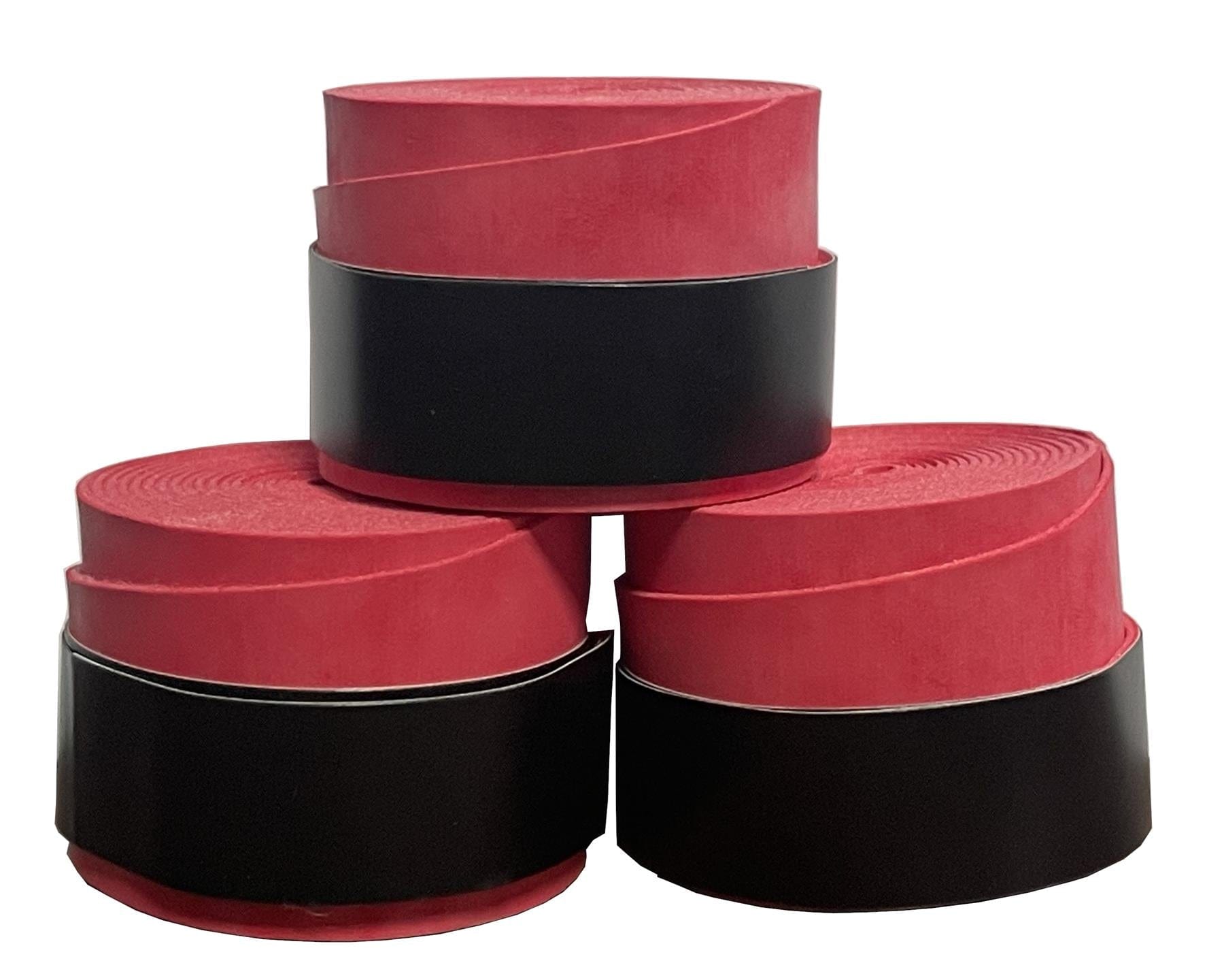 The BadmintonHQ Badminton Overgrip - Red (3 Pack) features three red overgrips, each partially wrapped with a black band and stacked for display, providing comfort and improved shock absorption against a white background.