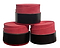 The BadmintonHQ Badminton Overgrip - Red (3 Pack) features three red overgrips, each partially wrapped with a black band and stacked for display, providing comfort and improved shock absorption against a white background.