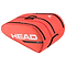 Fluorescent orange badminton racket bag featuring the brand "HEAD" prominently in white lettering on the side. This sleek and sporty HEAD Tour Badminton Racket Bag XL comes with multiple zippered compartments, a convenient carrying handle on top, and a backpack carry system for easy transport.