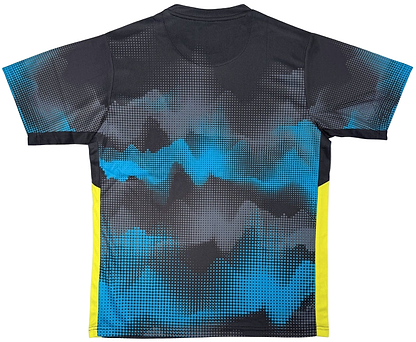 The Yonex YTM2025A Men's Badminton T-Shirt in black features short sleeves, a blue and gray pixelated back, yellow side stripes, and Quick-Dry tech. Shown laid flat on a white background.