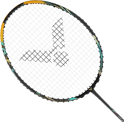 The Victor Thruster F C Ultra CX 4U Badminton Racket by Victor features a black and gold frame, advanced technologies, and white string with a bold black logo on the string bed.