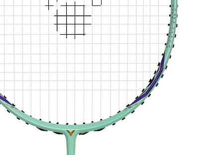 Close-up of the upper half of the Victor Auraspeed 7100 4U Badminton Racket by Victor in teal, made with high resilience graphite and featuring black strings and accents against a white background. Only part of the frame is visible.