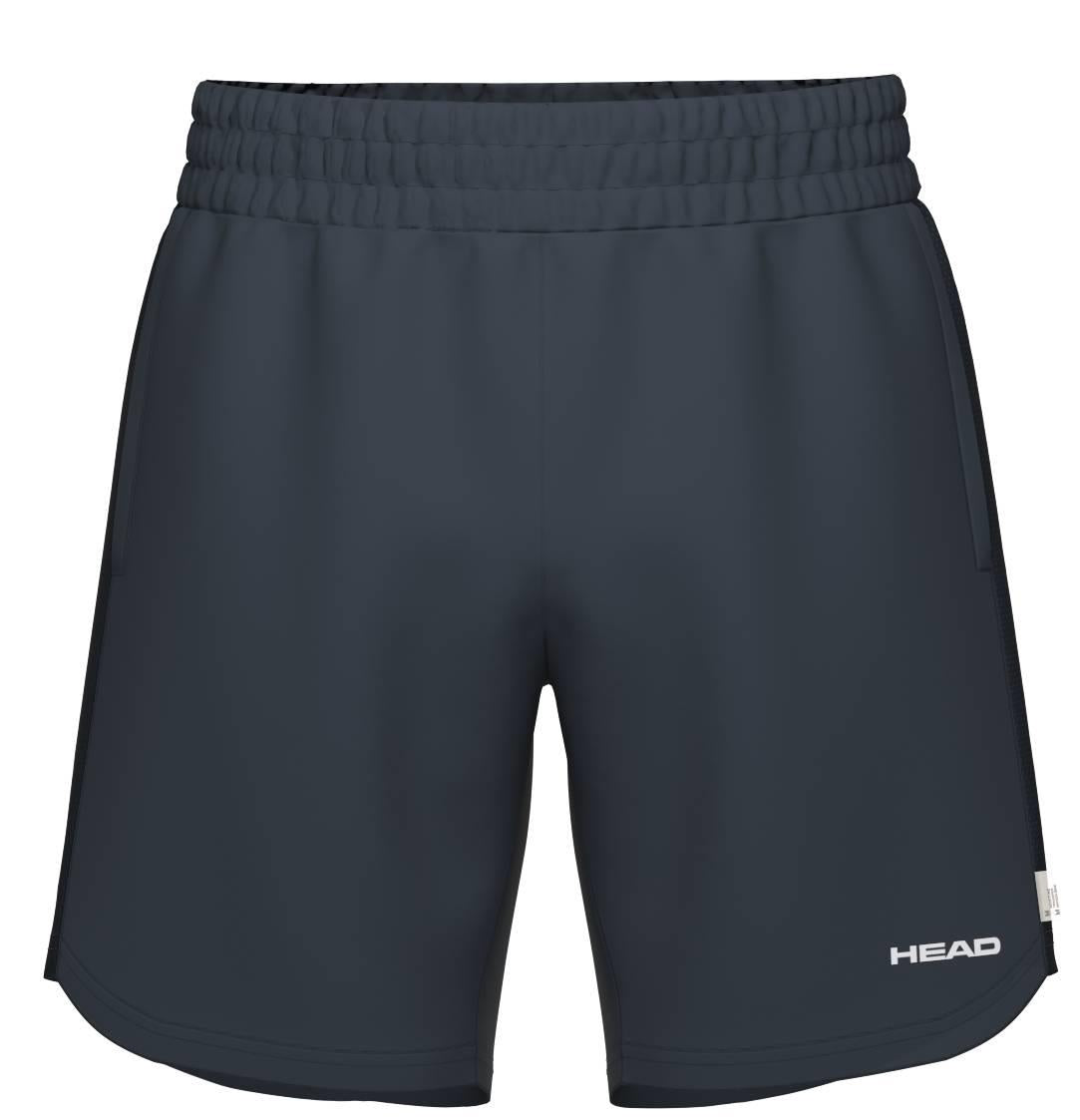 HEAD Power Mens Badminton Shorts in navy feature an elastic waistband, white HEAD logo on the lower left leg, and a sleek, lightweight design made from breathable fabric for comfort and style on the court.