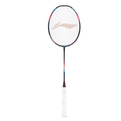 The Li-Ning Axforce 90 Tiger Max 4U badminton racket, crafted by Li-Ning, features a sophisticated black frame accented with red highlights tailored for advanced players. The strings proudly display an orange logo design, while the handle is wrapped in white grip tape set against a simple white background.