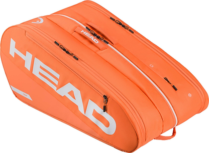 The HEAD Tour 12 Racket Badminton Bag XL in orange features white accents, the HEAD logo, climate control tech, multiple zippered compartments, and convenient carrying handles.