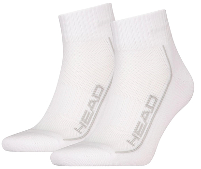 HEAD Performance Quarter Badminton Socks - White (2 Pack) feature ribbed cuffs, cushioned soles for comfort, and "HEAD" in gray on the sides.