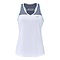 The Babolat Play Women's Badminton Tank Top in White and Blue Heather features a sleeveless design with a V-neck, light blue accents, and a small logo on the front. Ideal for active use, this tank top incorporates FiberDry technology to keep you cool and dry during workouts.