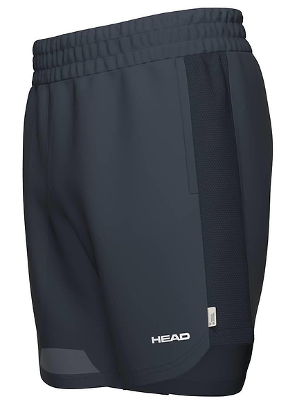 The HEAD Power Men's Badminton Shorts in navy feature an elastic waistband, mesh side panels, and the HEAD logo on the lower left leg. Lightweight and breathable, they’re ideal for active wear or intense matches.