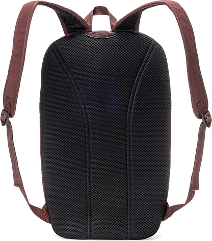 The Yonex 42512EX Team Badminton Backpack in Ruby Red is shown from the back, highlighting its padded black mesh straps and supportive back panel for added comfort.