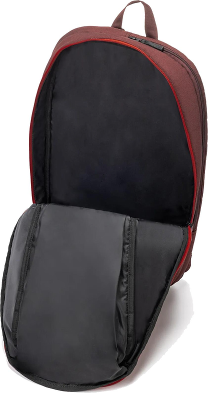 The Yonex 42512EX Team Badminton Backpack in Ruby Red is shown open, revealing a roomy black padded interior ideal for carrying a laptop, books, or badminton gear.
