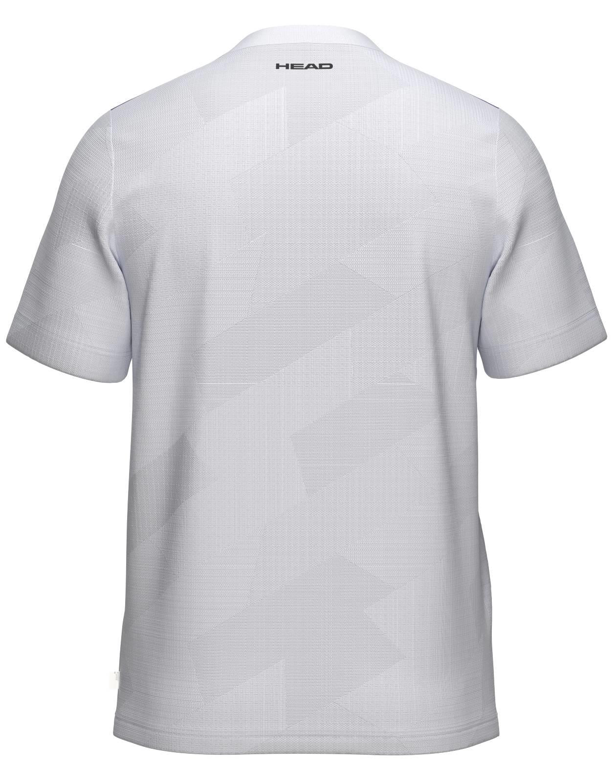 The HEAD Pro Mens Badminton T-Shirt - PUXP is a white short-sleeve performance top with subtle geometric patterns and the HEAD logo near the neckline—ideal breathable sportswear for both on and off the court.