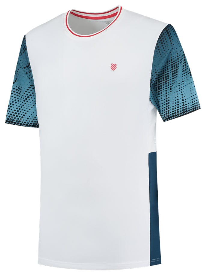 The K-Swiss Hypercourt Print Crew 3 Badminton T-Shirt - White from K-Swiss exemplifies sporty elegance with its white short-sleeve design, complemented by patterned blue gradient sleeves and side panels. The shirt is stylishly accentuated by a small red emblem on the chest and a neckline trimmed in red, blending both fashion and functionality seamlessly.