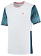 The K-Swiss Hypercourt Print Crew 3 Badminton T-Shirt - White from K-Swiss exemplifies sporty elegance with its white short-sleeve design, complemented by patterned blue gradient sleeves and side panels. The shirt is stylishly accentuated by a small red emblem on the chest and a neckline trimmed in red, blending both fashion and functionality seamlessly.