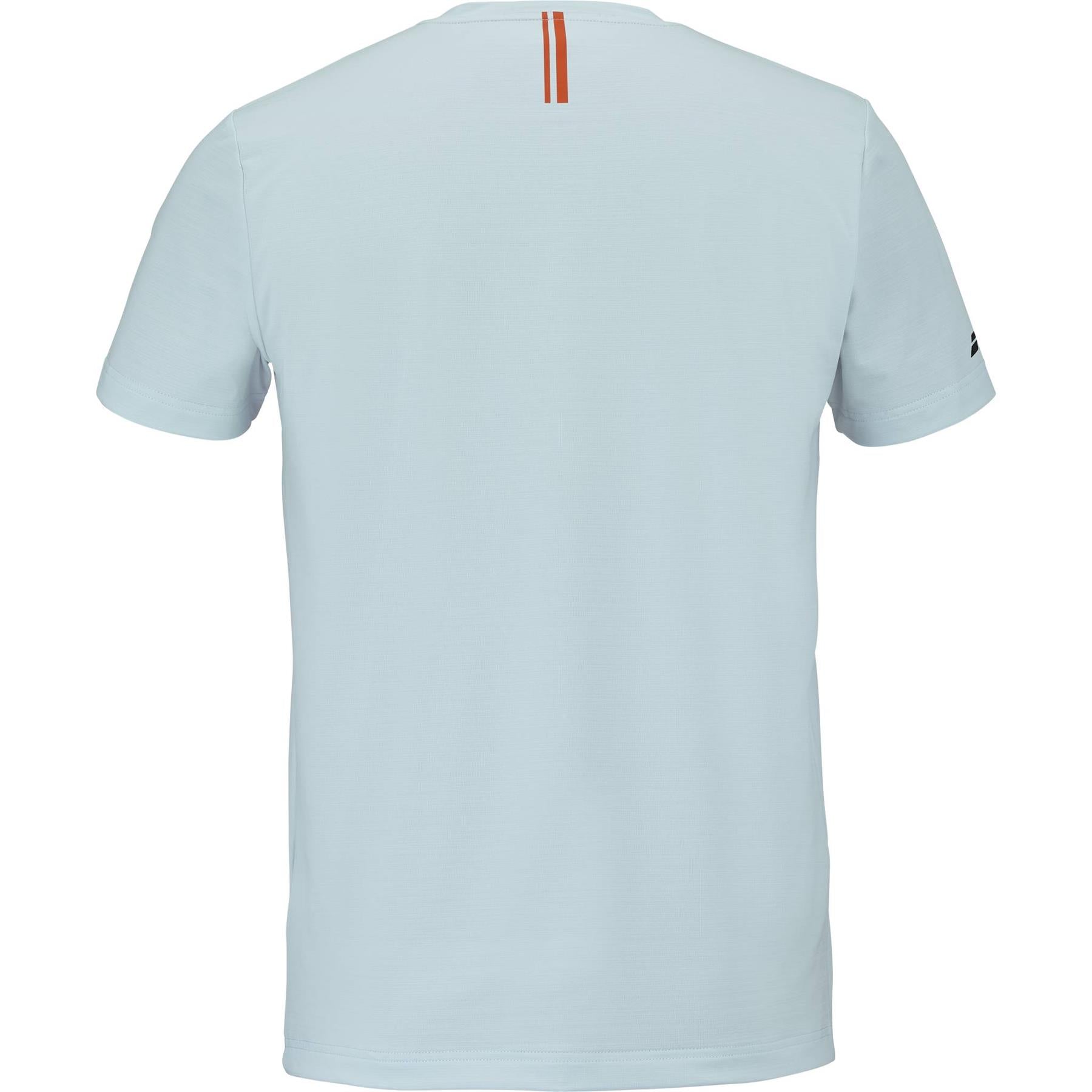 The Babolat Play Men's Crew Neck Badminton T-Shirt in Illusion Blue features a small vertical orange stripe at the back neckline and a subtle left sleeve logo—ideal for men seeking stylish badminton apparel from Babolat.
