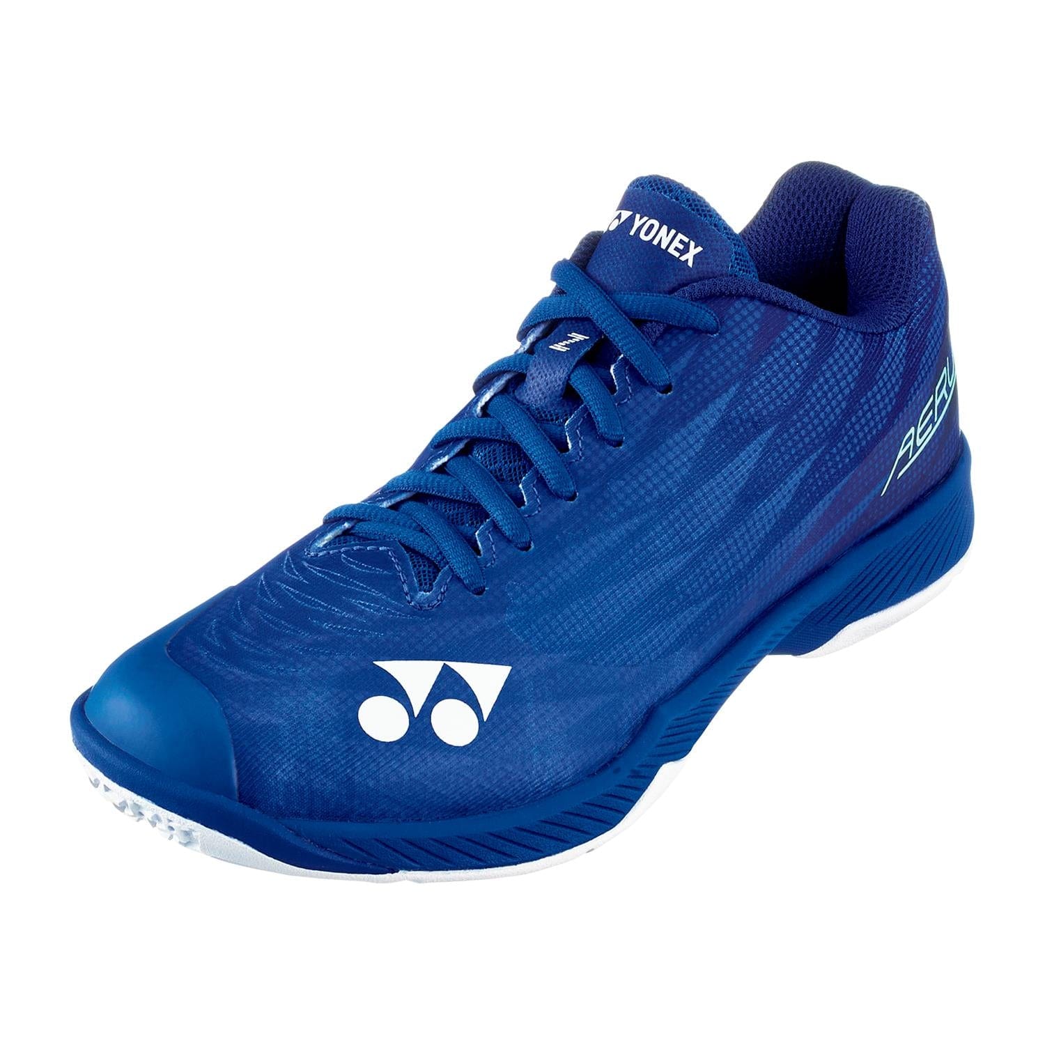 The Yonex Power Cushion Aerus Z2 Women's Badminton Shoes in navy blue feature a textured design with white side and toe logos, dark blue laces, and a slightly raised heel, perfect for sports and active wear.