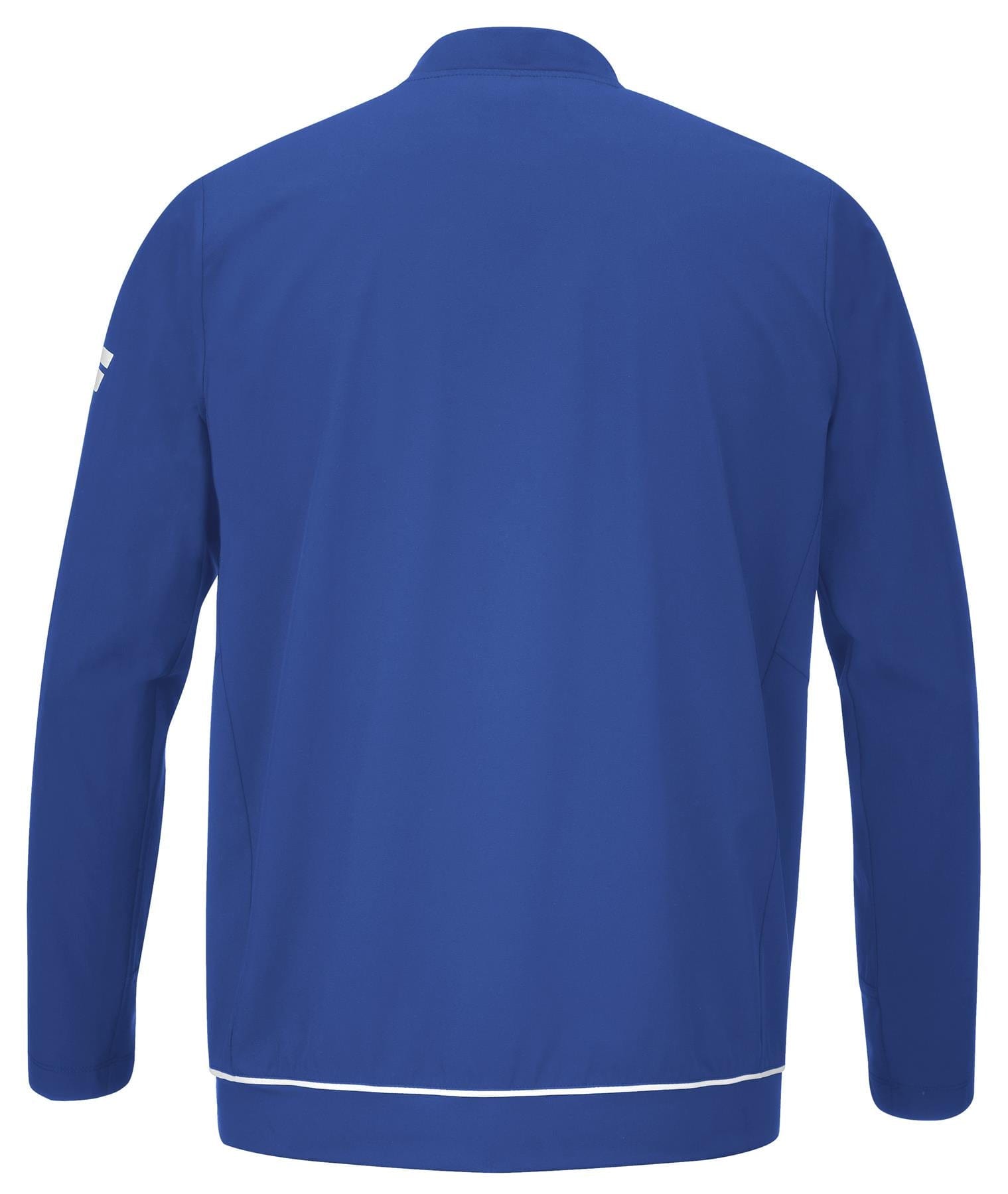 Here's the revised sentence using the provided product data:

Back view of the Babolat Play Men's Badminton Jacket in Sodalite Blue, featuring long sleeves. This eco-friendly jacket is crafted from recycled polyester and includes a high collar and white trim along the bottom edge. The fabric has a smooth, lightweight appearance and incorporates fiber dry technology for enhanced comfort.