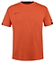 The Babolat Play Men's Crew Neck Badminton T-Shirt in Fiesta Red features Fiber Dry technology, has a small black logo on the left chest, and includes black accents on the sleeves.