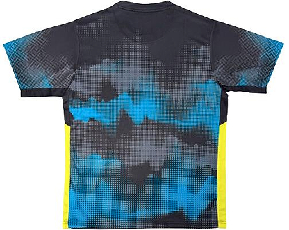 The Yonex YTL2025B Womens Badminton T-Shirt in black features blue and gray pixelated back graphics, yellow side panels, and high-performance sports fabric—combining comfort and style for badminton play.