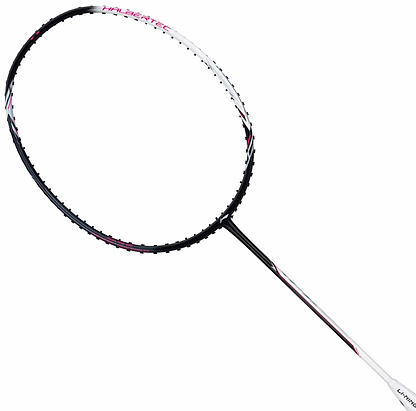 A close-up of the Li-Ning Halbertec 2000 3U Badminton Racket - Cool Ebony, featuring a thin shaft and oval head in black, white, and pink, by Li-Ning, displayed on a plain white background.