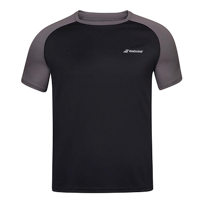The Babolat Men's Play Crew Neck T-Shirt in black is an athletic top featuring gray short sleeves and a small white logo on the left chest. Made from Fiber Dry-polyester, it provides a slim fit and has a sleek, sporty design ideal for active days.