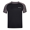 The Babolat Men's Play Crew Neck T-Shirt in black is an athletic top featuring gray short sleeves and a small white logo on the left chest. Made from Fiber Dry-polyester, it provides a slim fit and has a sleek, sporty design ideal for active days.