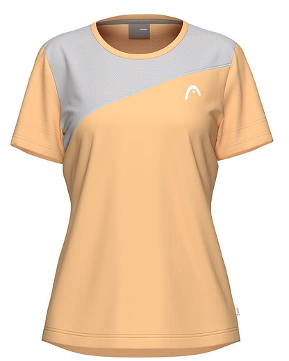 The HEAD Tie-Break Womens Badminton T-Shirt - APLB is a light orange short-sleeve top with a diagonal light gray chest panel, round neckline, breathable fabric, and a small white HEAD logo on the left chest for a sporty touch.