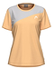 The HEAD Tie-Break Womens Badminton T-Shirt - APLB is a light orange short-sleeve top with a diagonal light gray chest panel, round neckline, breathable fabric, and a small white HEAD logo on the left chest for a sporty touch.