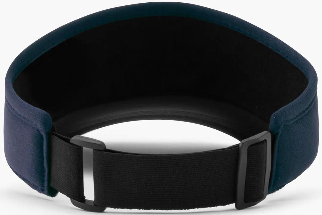 Close-up of the Yonex 40126EX Badminton Visor in navy blue and black, featuring breathable polyester, an adjustable fit, a black strap, and a plastic buckle. Brand: Yonex.