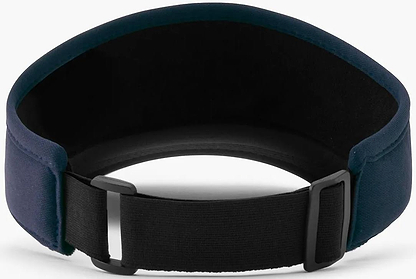 Close-up of the Yonex 40126EX Badminton Visor in navy blue and black, featuring breathable polyester, an adjustable fit, a black strap, and a plastic buckle. Brand: Yonex.