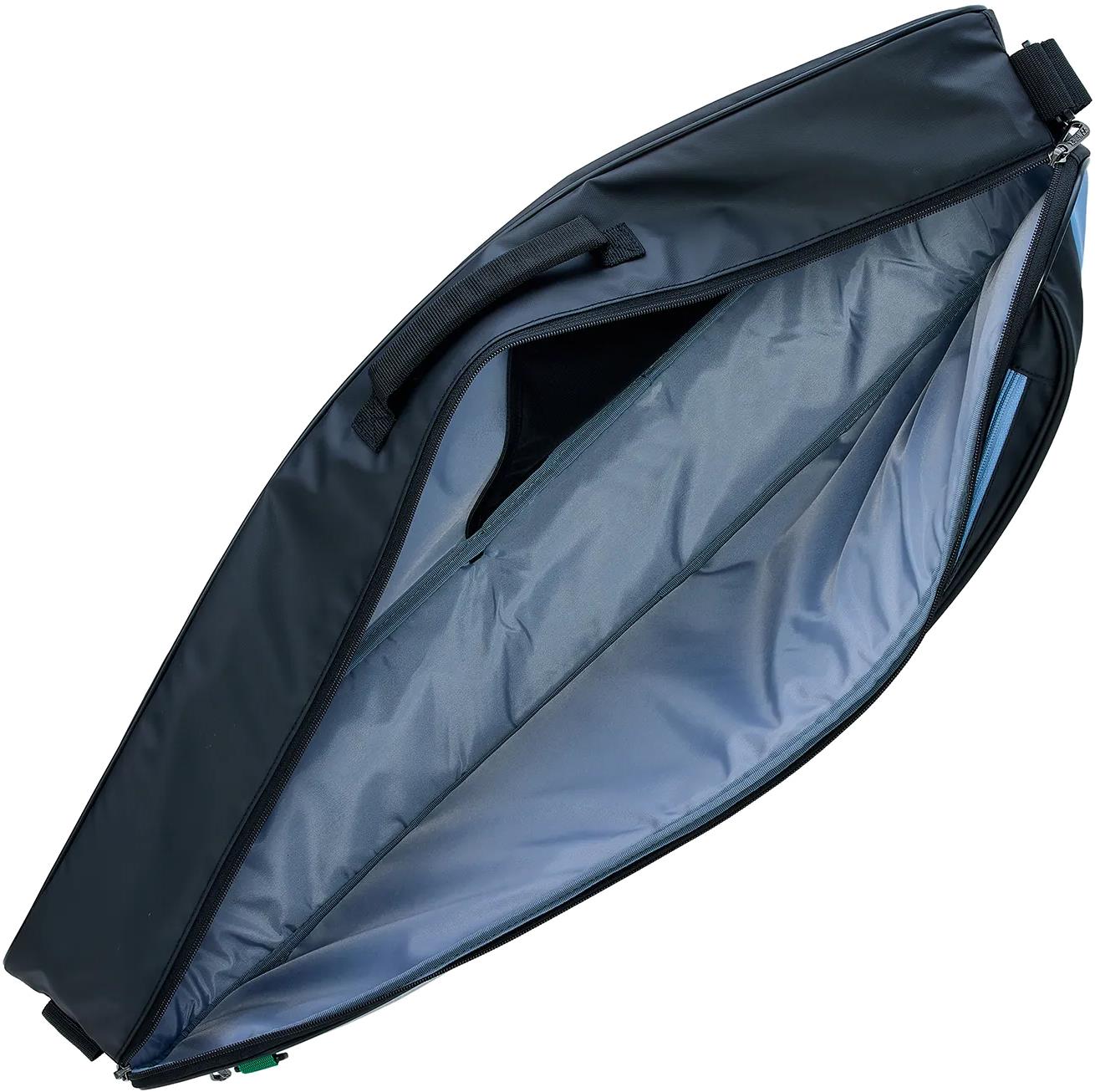 The Yonex BA52523EX Club 3 Racket Badminton Bag in black/blue features a soft-sided design, zipper closure, light gray spacious interior, and a small top handle.