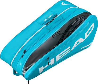 A blue HEAD Tour 9 Racket Badminton Bag L by HEAD, partially unzipped to reveal rackets inside. The bag includes multiple compartments and features "Climate Control Technology" printed on the interior.