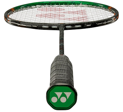 A close-up of the Yonex Astrox 99 Tour 4U Badminton Racket in black and green shows the handle with a white Yonex logo on the green cap, while its powerful strings and oval frame are visible in the background.