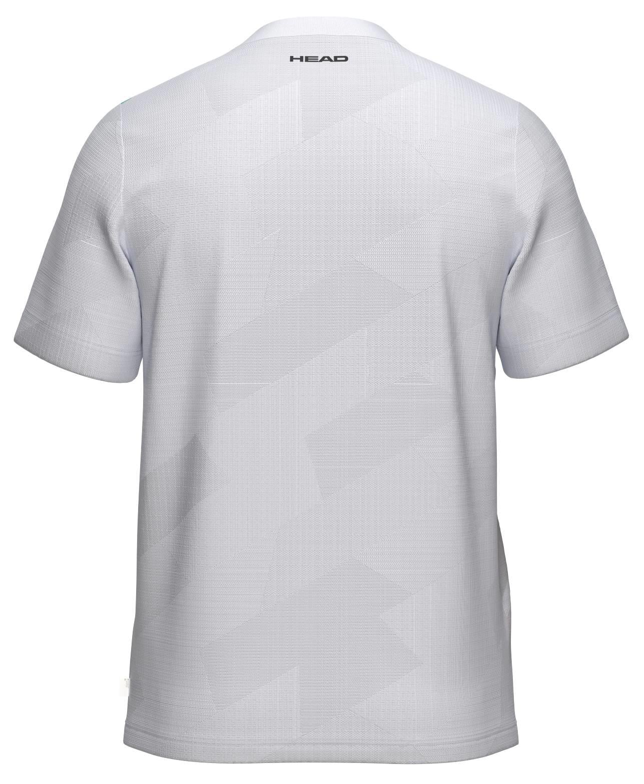 Back view of the HEAD Pro Mens Badminton T-Shirt - WHXP, a white short-sleeve shirt with "HEAD" in black near the upper collar, subtle geometric patterns, and moisture-wicking comfort.