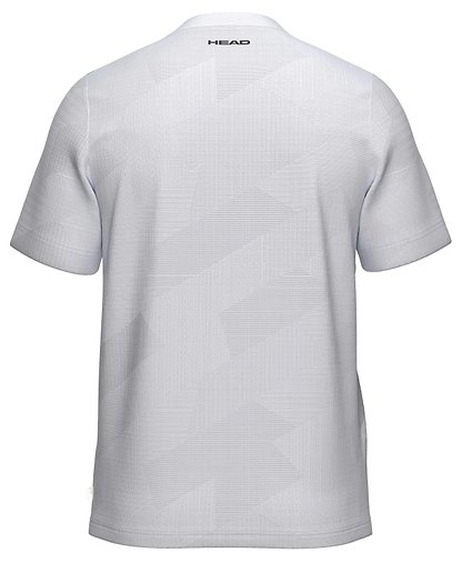 Back view of the HEAD Pro Mens Badminton T-Shirt - WHXP, a white short-sleeve shirt with "HEAD" in black near the upper collar, subtle geometric patterns, and moisture-wicking comfort.