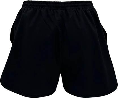 The Yonex YST2024 Womens Badminton Shorts in black, made from breathable sports fabric with an elastic waistband and quick-drying design, are shown on a white background.