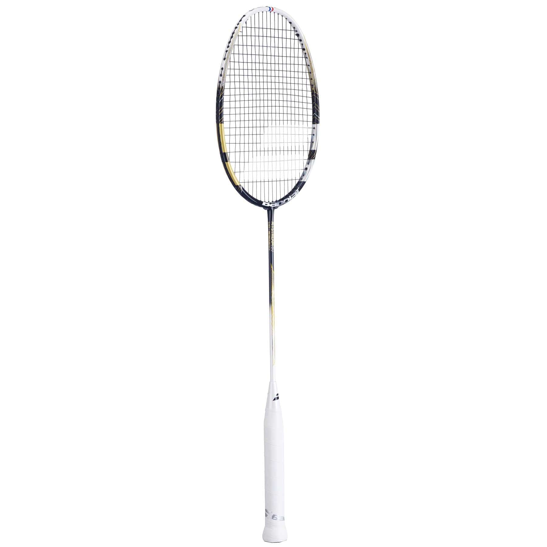 The Babolat Jetstream 80 4U Badminton Racket in Gold/Black offers exceptional maneuverability with its elegant design and contrasting features.